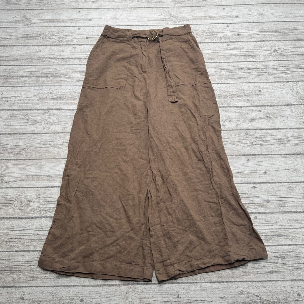 Gabby Isabella Pants Women's Small Brown Linen Belted High Rise Wide Leg Baggy